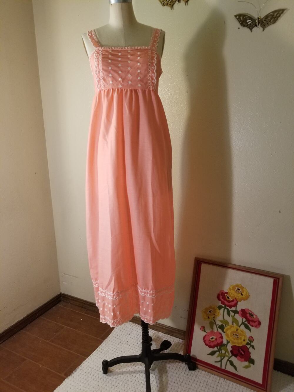 70's Vintage Peach and White Maxi Embroidered Sundress